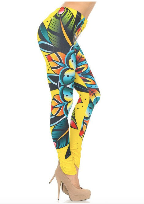 Double Brushed Tattoo Flower Leggings