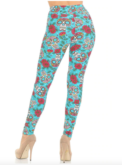 Teal Summer Sugar Skull Super Soft Leggings