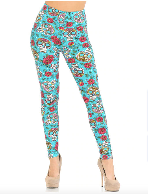 Teal Summer Sugar Skull Super Soft Leggings