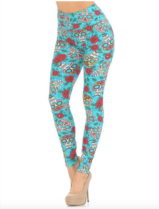 Teal Summer Sugar Skull Super Soft Leggings