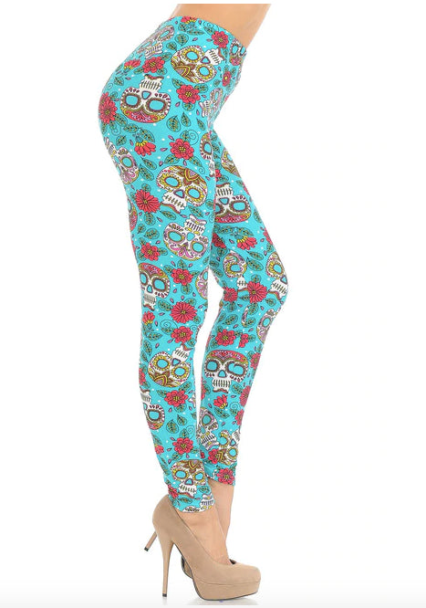 Teal Summer Sugar Skull Super Soft Leggings