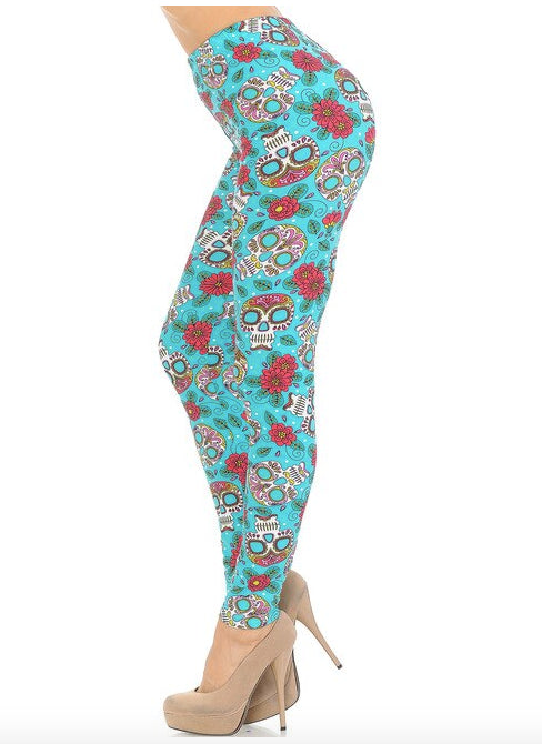 Teal Summer Sugar Skull Super Soft Leggings