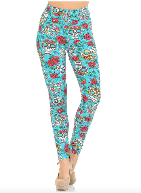 Teal Summer Sugar Skull Super Soft Leggings