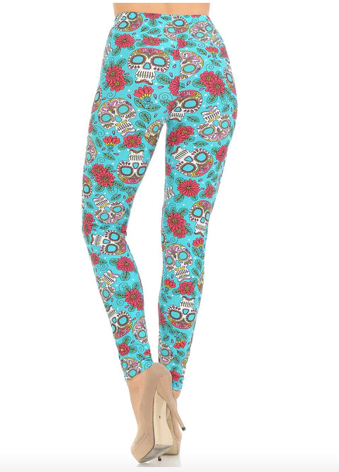 Teal Summer Sugar Skull Super Soft Leggings