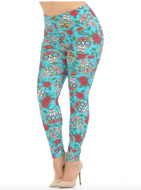 Teal Summer Sugar Skull Super Soft Leggings