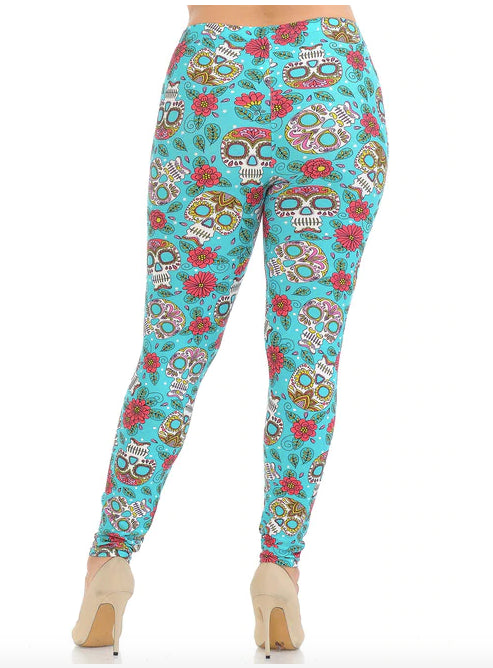 Teal Summer Sugar Skull Super Soft Leggings