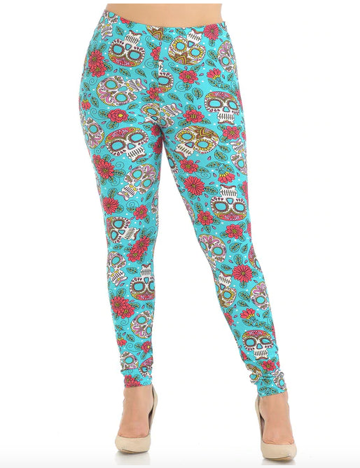 Teal Summer Sugar Skull Super Soft Leggings