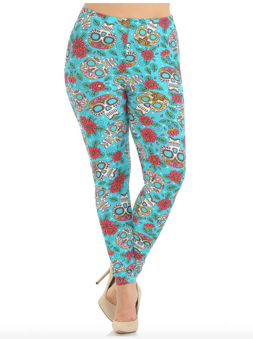 Teal Summer Sugar Skull Super Soft Leggings