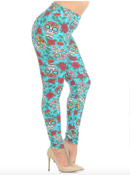 Teal Summer Sugar Skull Super Soft Leggings