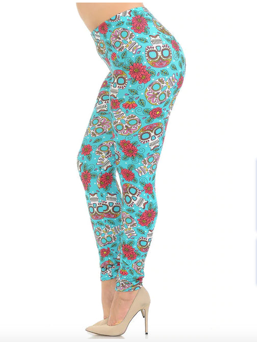 Teal Summer Sugar Skull Super Soft Leggings