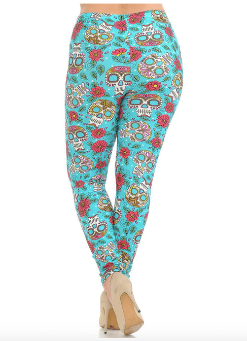 Teal Summer Sugar Skull Super Soft Leggings