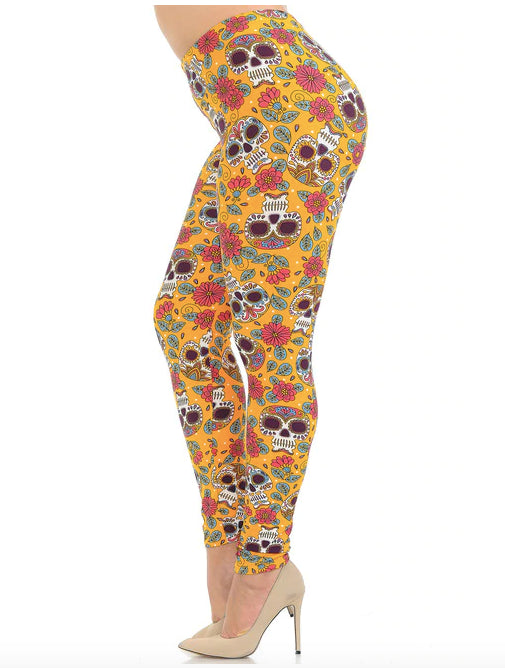 Mustard Summer Sugar Skull Super Soft Leggings