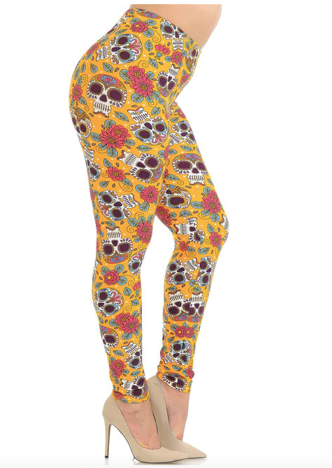 Mustard Summer Sugar Skull Super Soft Leggings