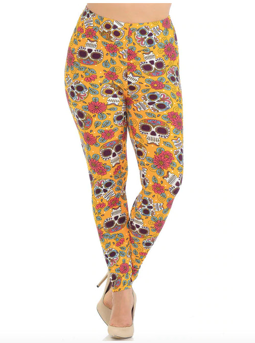 Mustard Summer Sugar Skull Super Soft Leggings