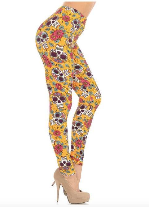 Mustard Summer Sugar Skull Super Soft Leggings