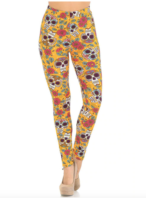 Mustard Summer Sugar Skull Super Soft Leggings