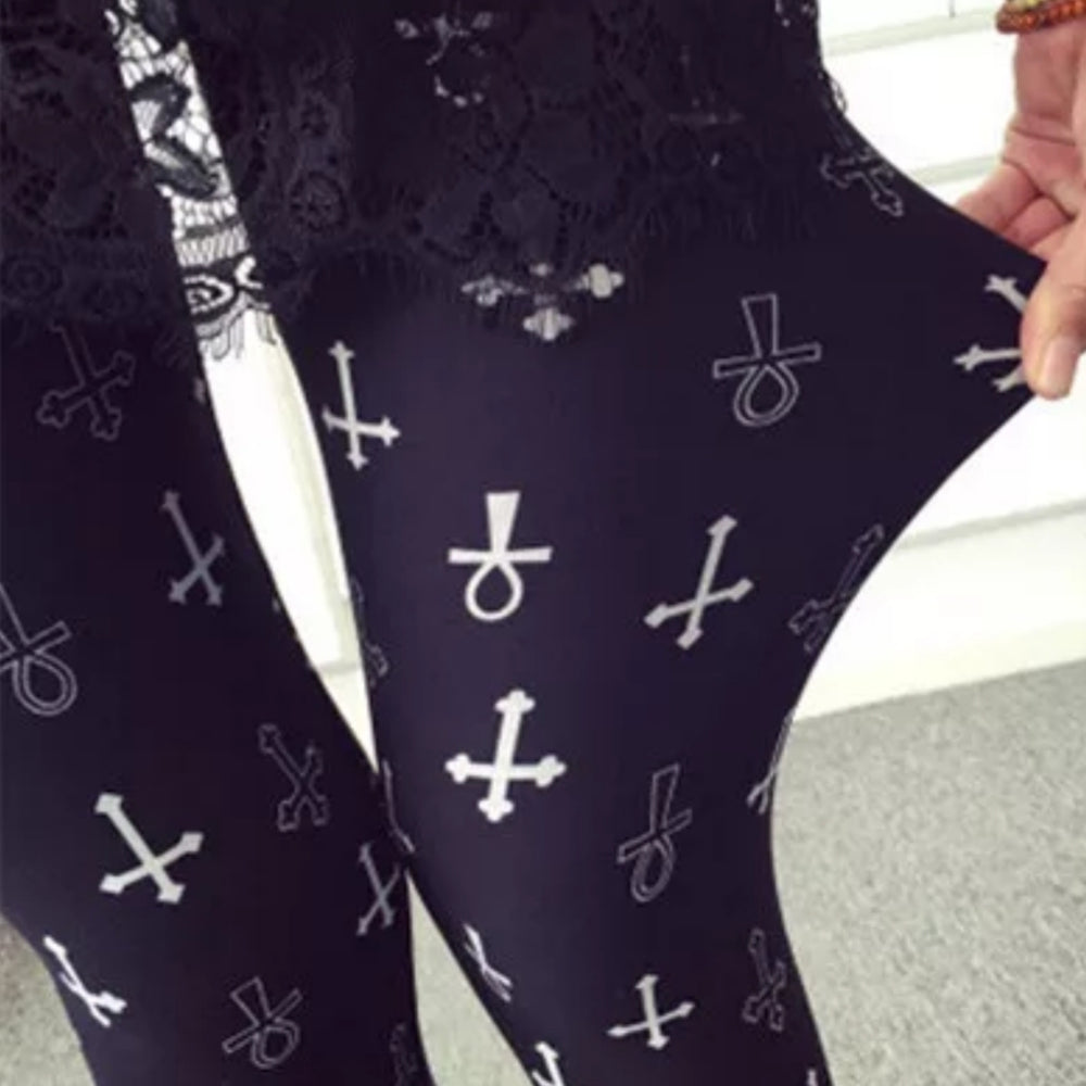 Cross & Ankh White on Black Buttery Soft Brushed Leggings