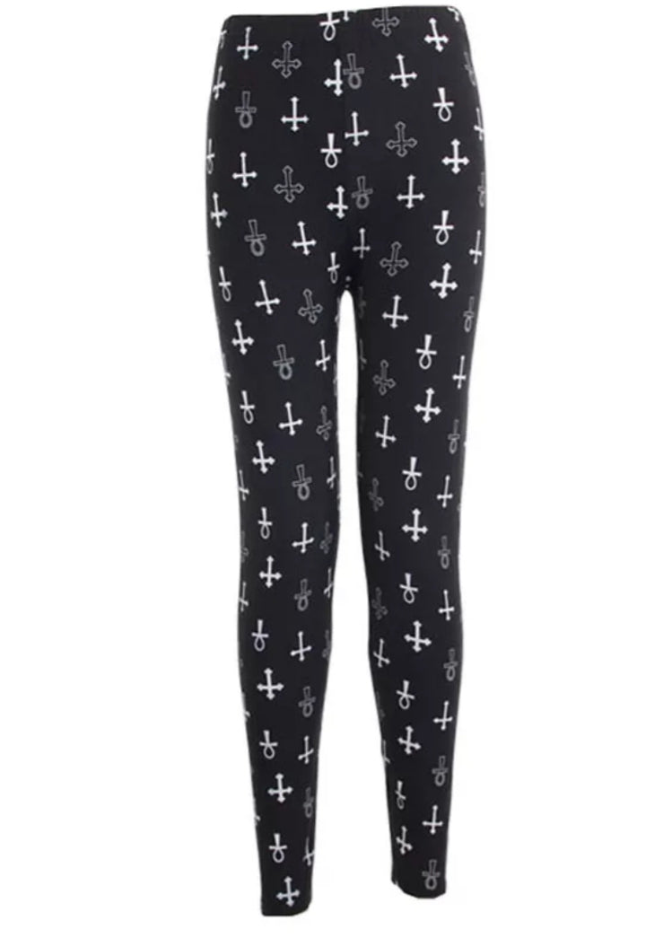 Cross & Ankh White on Black Buttery Soft Brushed Leggings