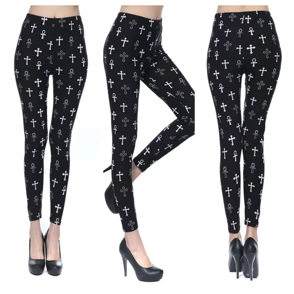 Cross & Ankh White on Black Buttery Soft Brushed Leggings