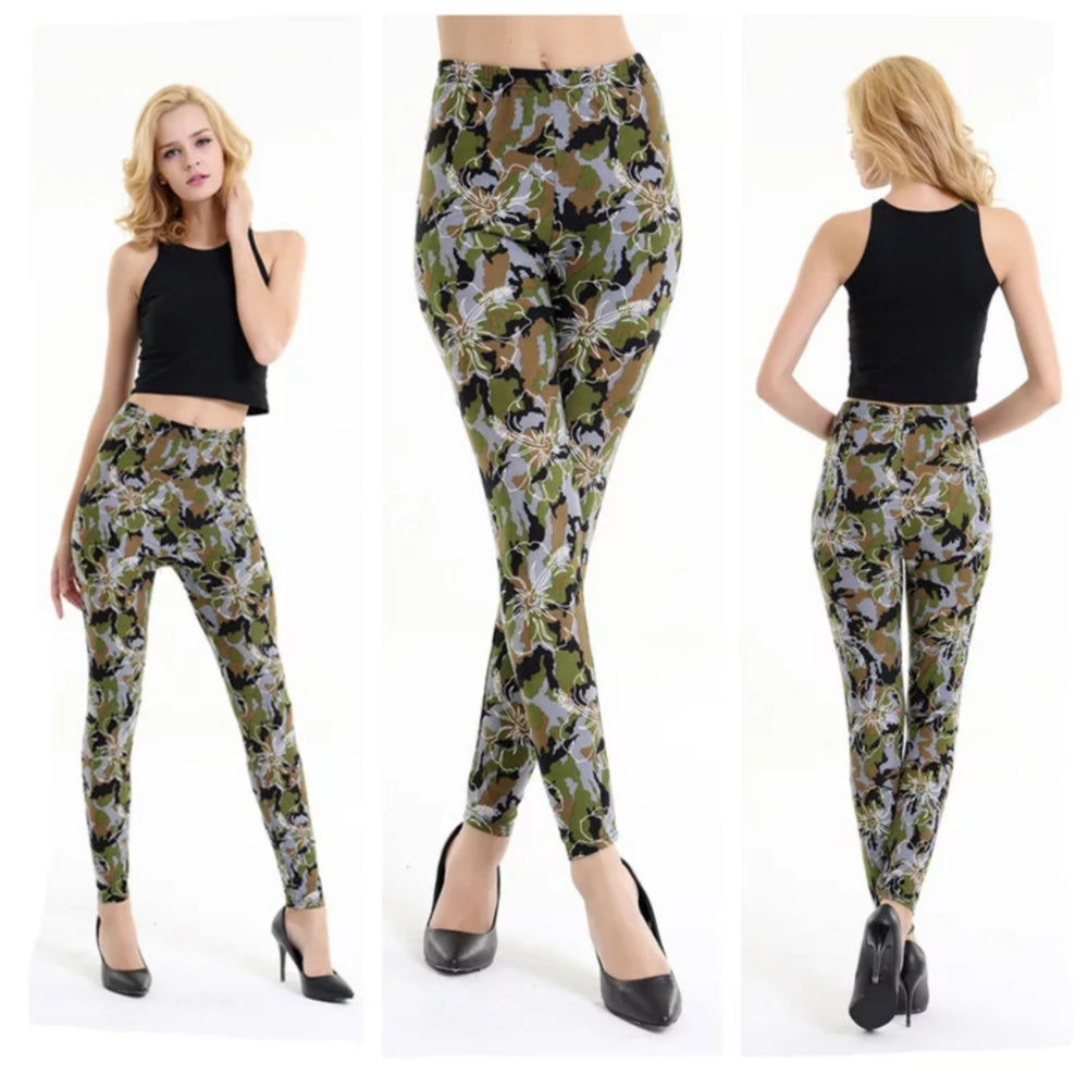 Camouflage and White Hibiscus Super Soft Leggings