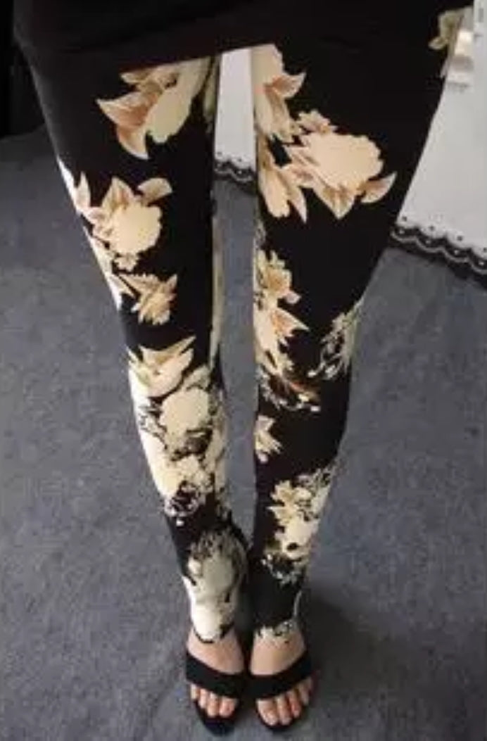 Cream & Gold Floral on Black Soft Brushed Leggings