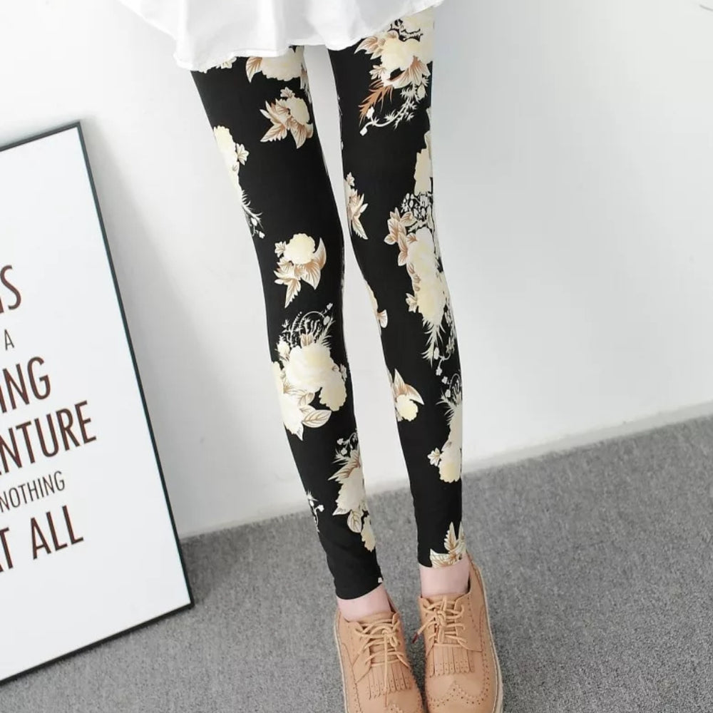 Cream & Gold Floral on Black Soft Brushed Leggings