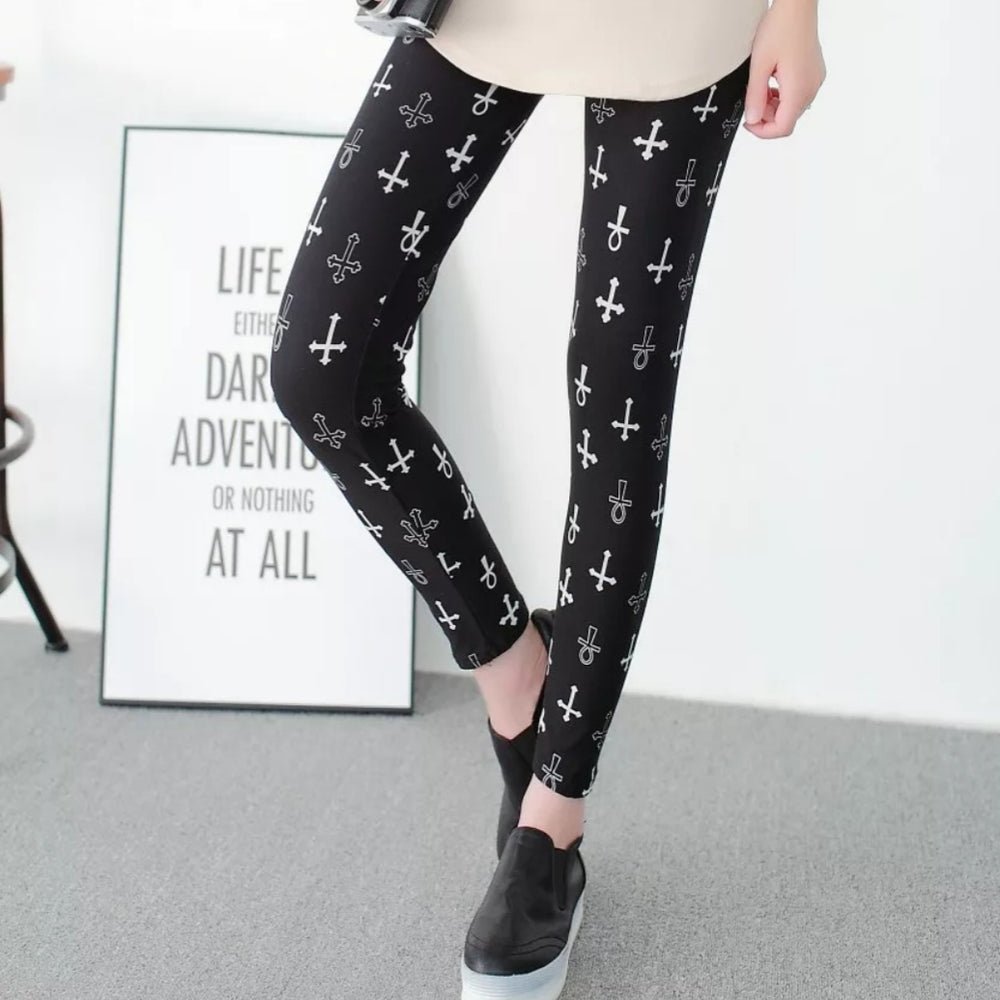 Cross & Ankh White on Black Buttery Soft Brushed Leggings