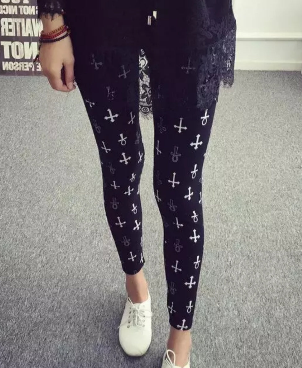 Cross & Ankh White on Black Buttery Soft Brushed Leggings