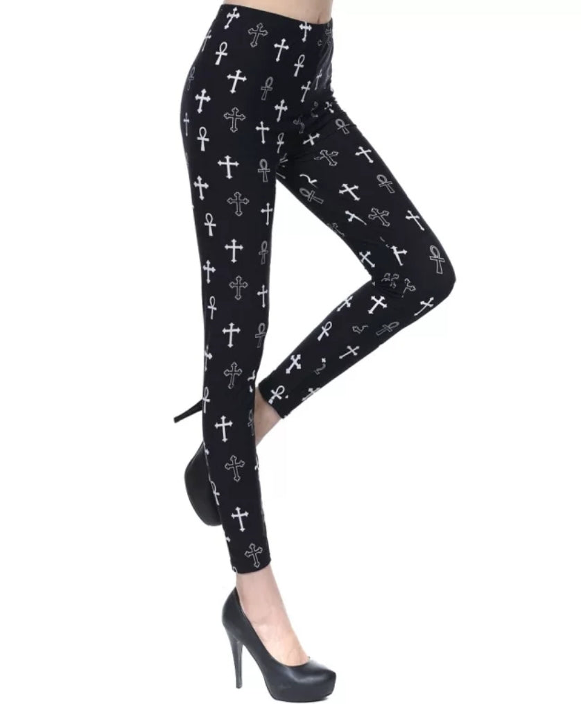 Cross & Ankh White on Black Buttery Soft Brushed Leggings