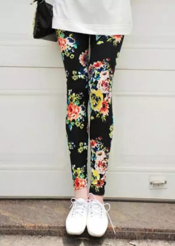 Floral on Black Buttery Soft Brushed Leggings