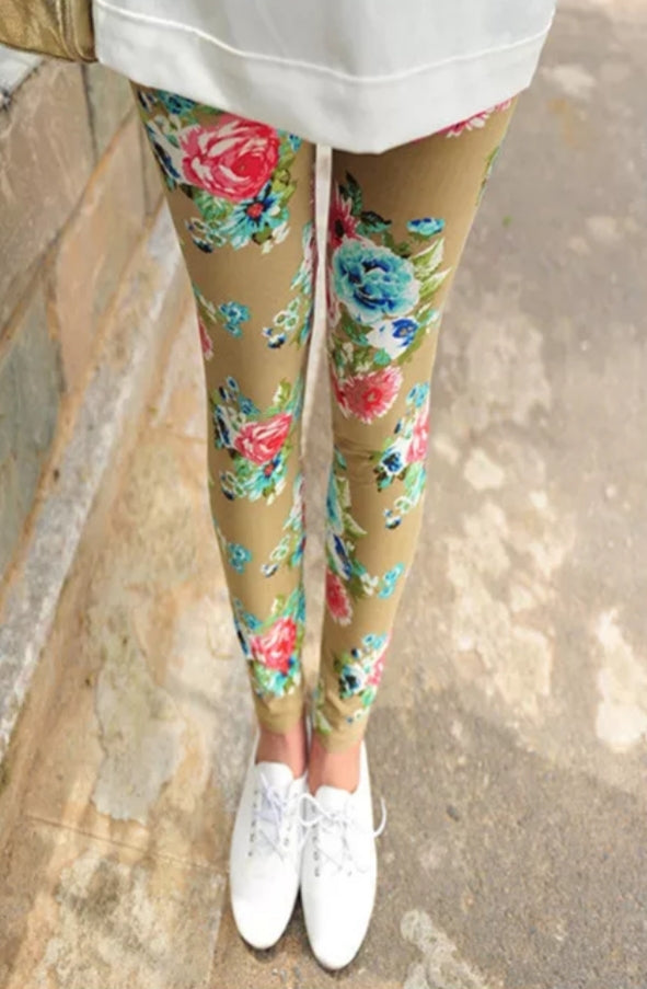 Floral on Khaki Buttery Soft Brushed Leggings