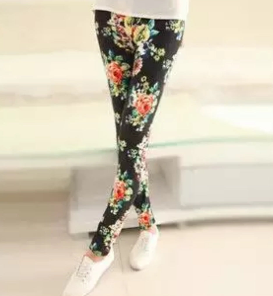 Floral on Black Buttery Soft Brushed Leggings