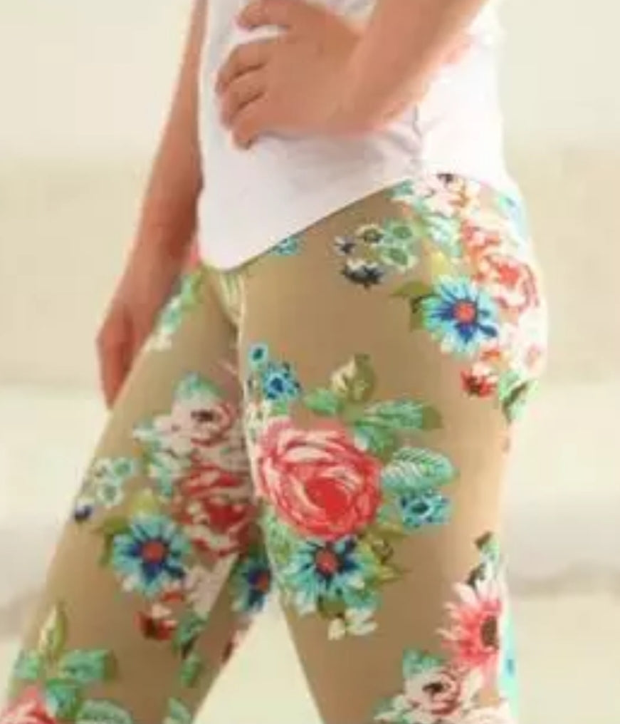 Floral on Khaki Buttery Soft Brushed Leggings