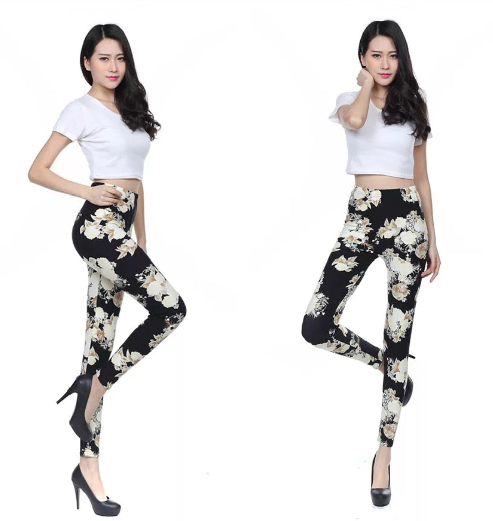 Cream & Gold Floral on Black Soft Brushed Leggings