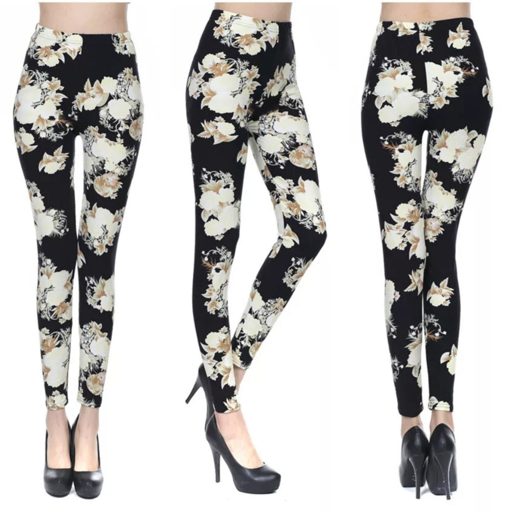 Cream & Gold Floral on Black Soft Brushed Leggings