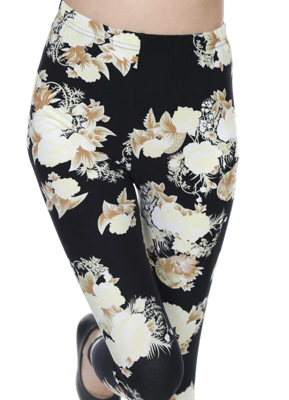 Cream & Gold Floral on Black Soft Brushed Leggings