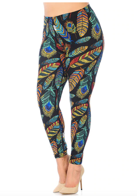 Buttery Soft Florid Feathers Plus Size Leggings