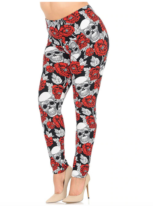 Red Floral Death Skull Leggings