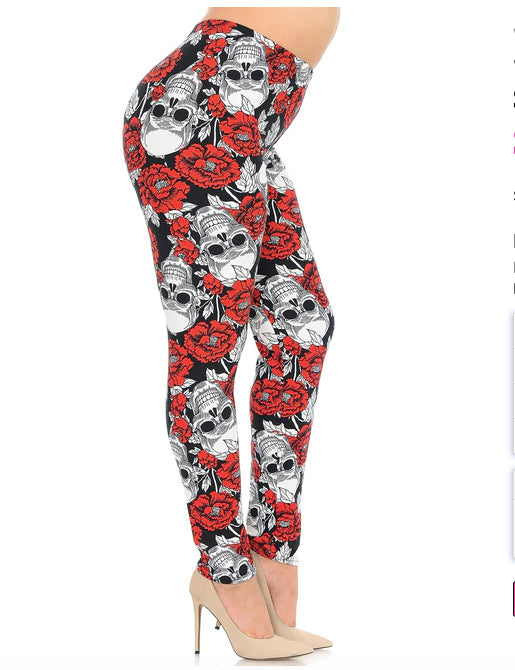 Red Floral Death Skull Leggings