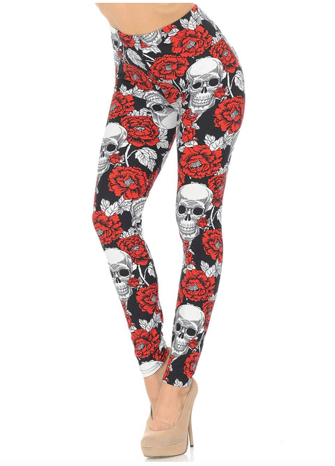 Red Floral Death Skull Leggings