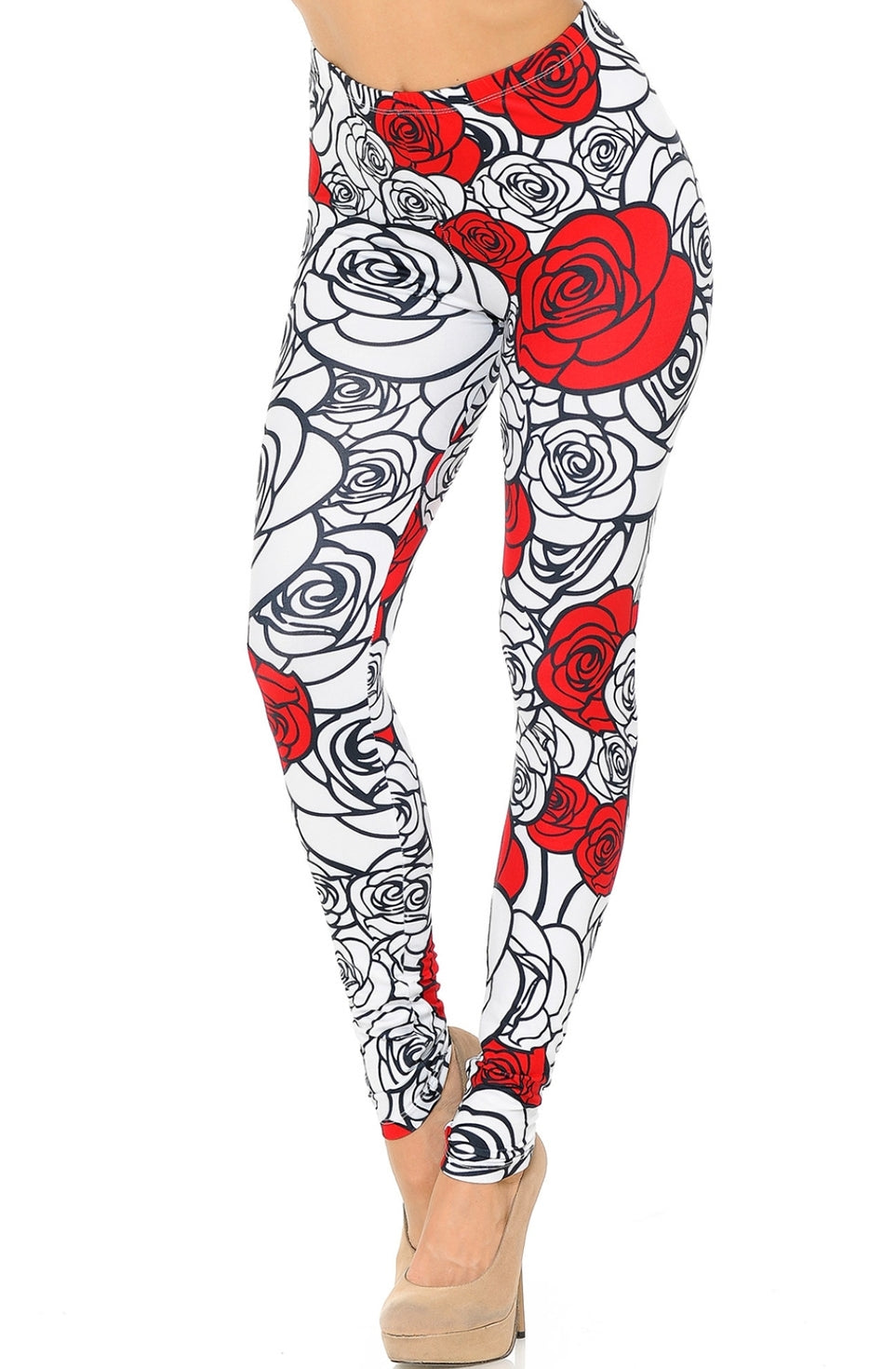 Creamy Soft Red Stencil Roses Leggings 