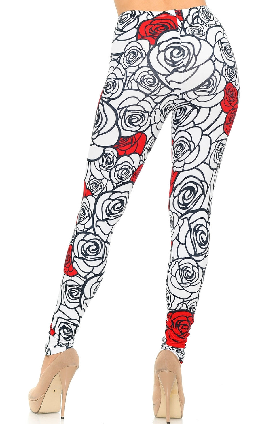 Creamy Soft Red Stencil Roses Leggings 