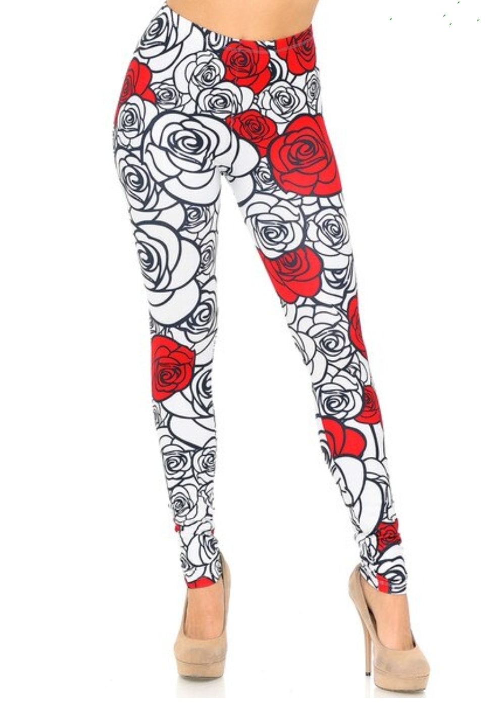 Creamy Soft Red Stencil Roses Leggings 