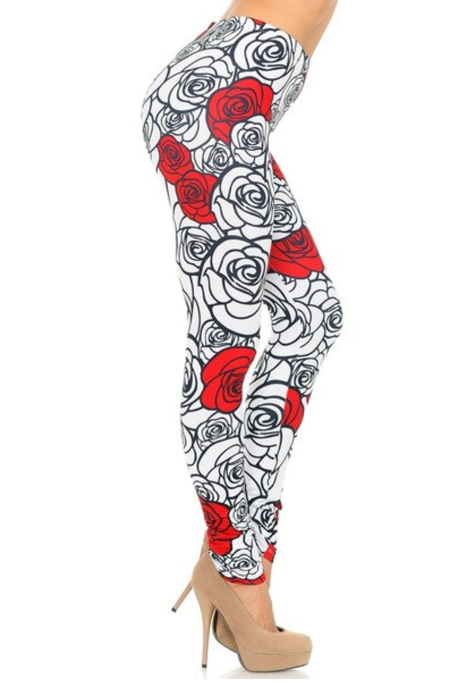 Creamy Soft Red Stencil Roses Leggings 