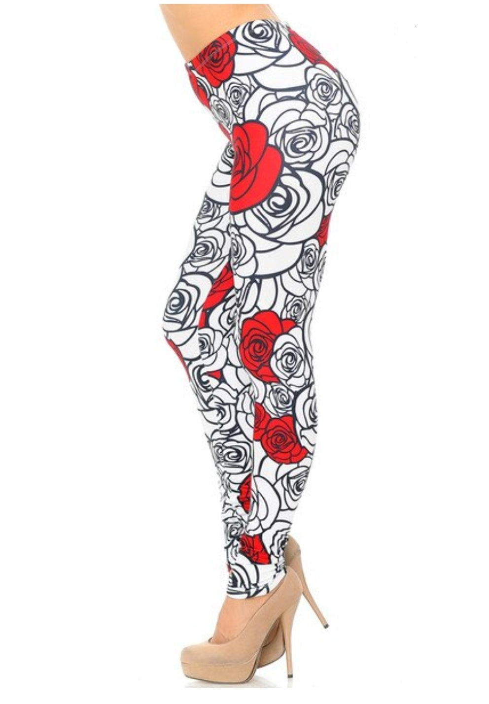 Creamy Soft Red Stencil Roses Leggings 