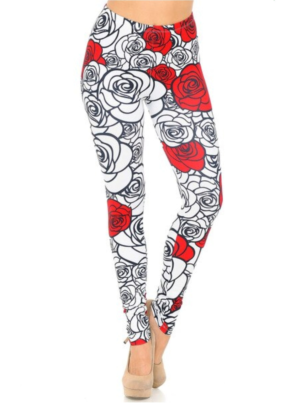 Creamy Soft Red Stencil Roses Leggings 