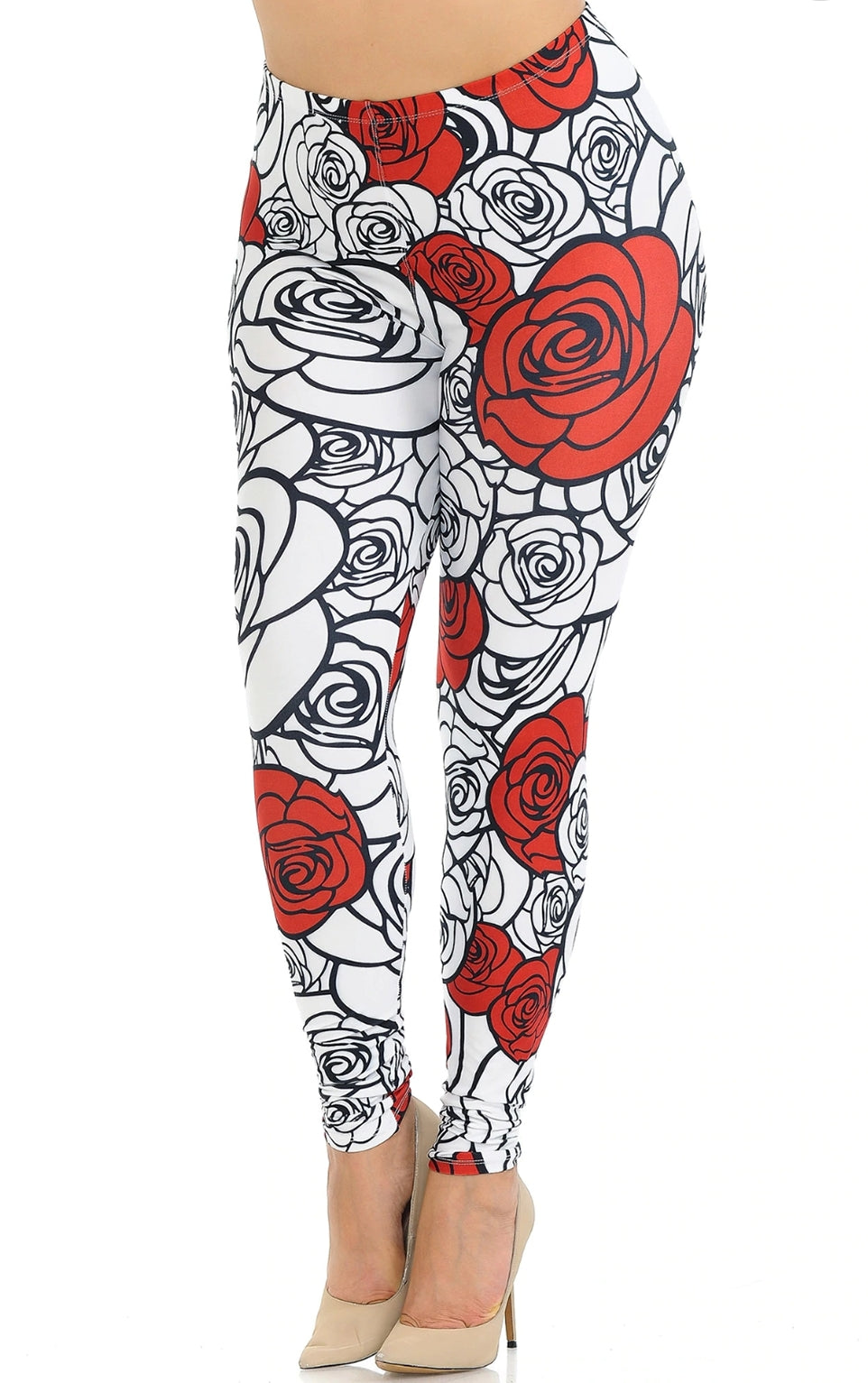 Creamy Soft Red Stencil Roses Leggings 