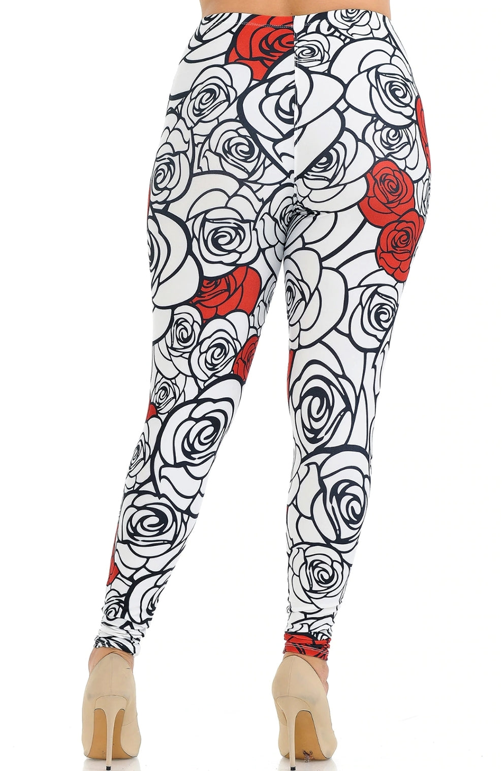 Creamy Soft Red Stencil Roses Leggings 