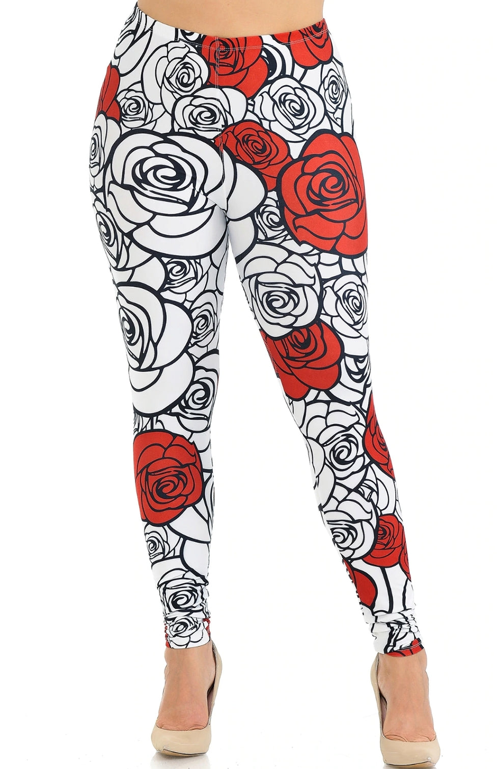 Creamy Soft Red Stencil Roses Leggings 