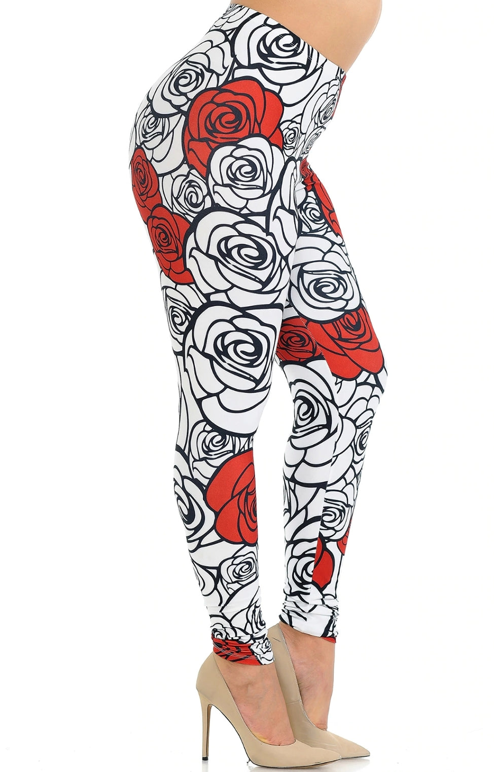 Creamy Soft Red Stencil Roses Leggings 